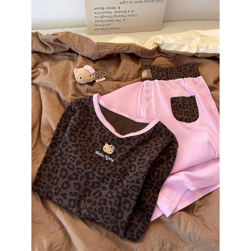 复古辣妹豹纹Hello Kitty印花睡衣女秋季新款长袖长裤家居服套装|undefined