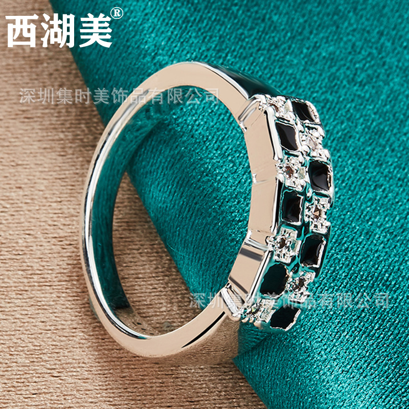 West Lake American Silver Black Plaid Zircon Ring Women Fashion Jewelry