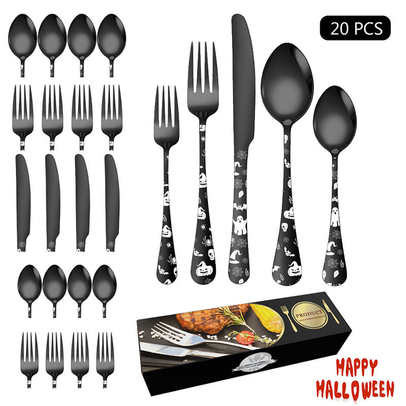 Amazon Halloween Stainless Steel Tableware suit 20-piece Set Laser Skull Western Food Knife, Fork and Spoon Gift Box