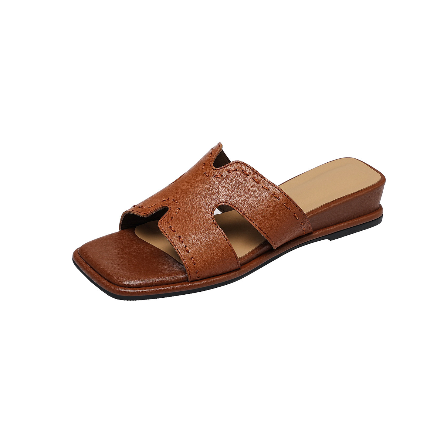 Dép sandal nữ quai chữ V đầu vuông đế bệt da dê — màu nâu chi tiết 23