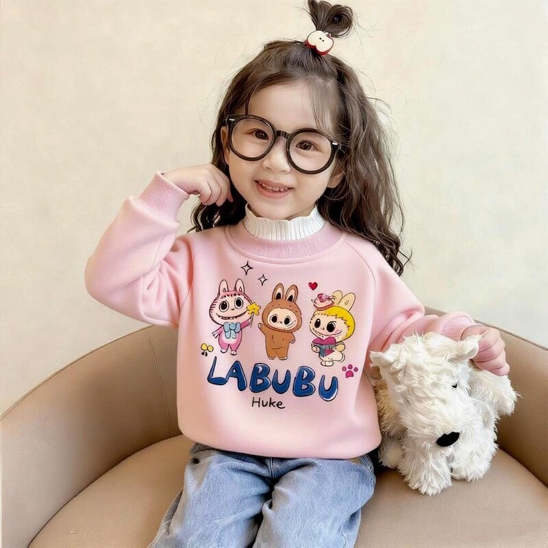 Girls' Winter Fleece-Lined Thickened Cartoon Sweatshirt 2025 New Casual Versatile High-Neck Warm Top Girls' Winter Fleece-Lined Thickened Cartoon Sweatshirt 2025 New Casual Versatile High-Neck Warm Top