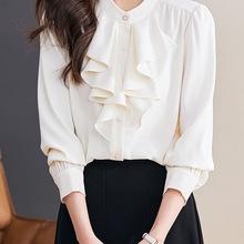 法式2025春新款立领荷叶边雪纺衫女衬衫遮肚子显瘦洋气小衫气质女