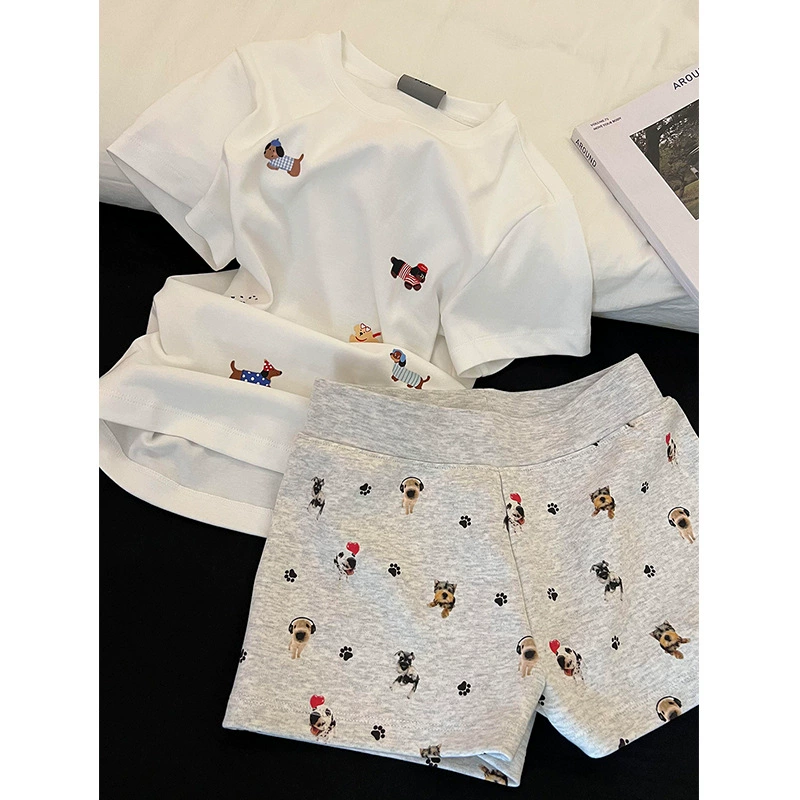 2025小狗印花韩系可爱休闲睡衣女夏季新款短袖短裤家居服套装可外