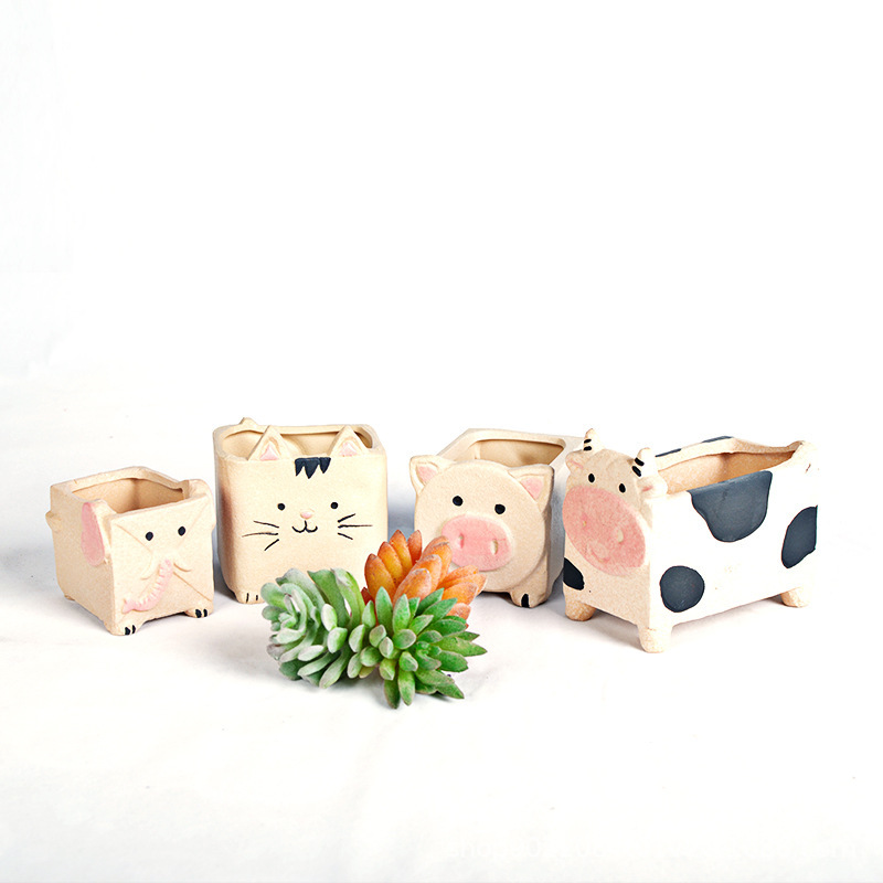 Factory direct supply cartoon animal cute mini fleshy flowerpot stoneware plain burning breathable creative hand-painted small pot potted plant
