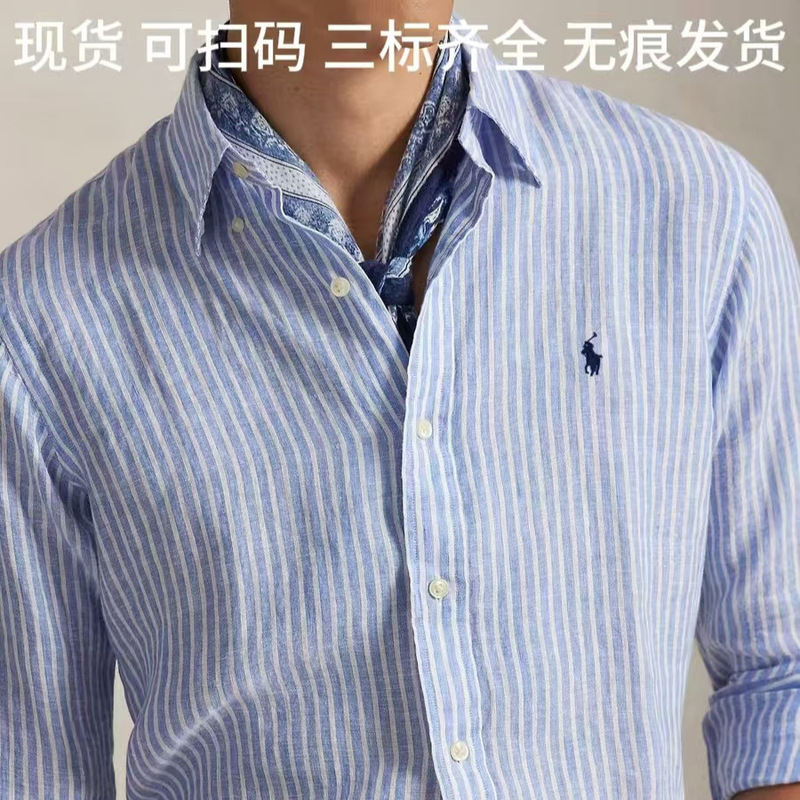 High-End Rl Ralph Lauren Classic Embroidered Logo Striped Long-Sleeve Linen Shirt, Business Old Money Style, Unisex
