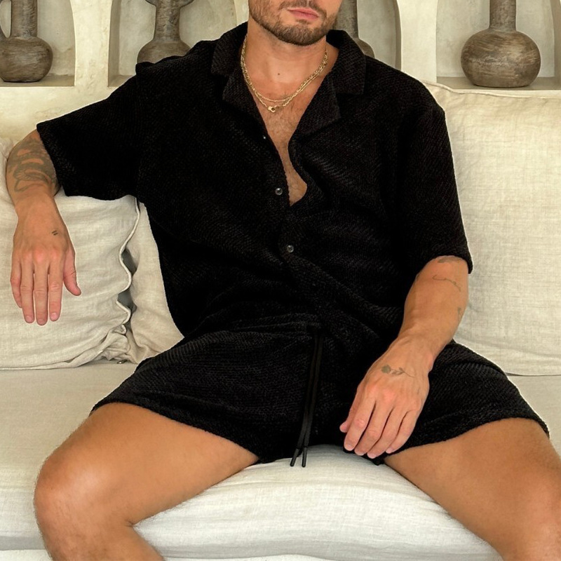 European and American 2024 New Fashion Men's Solid Color Short Sleeve Lasel Button Top Casual Lace-up Shorts Men's suit European and American 2024 New Fashion Men's Solid Color Short Sleeve Lasel Button Top Casual Lace-up Shorts Men's suit