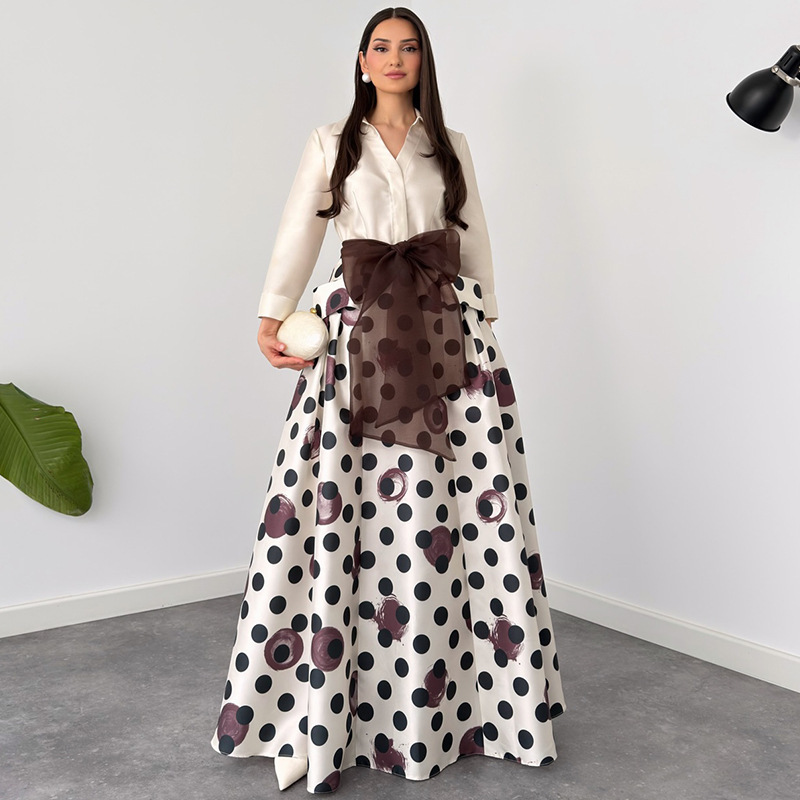 European and American Cross-Border Women's Clothing 2026 Summer New Fashion Fresh Bowknot Polka Dot Patchwork Long Dress Gown Dress European and American Cross-Border Women's Clothing 2026 Summer New Fashion Fresh Bowknot Polka Dot Patchwork Long Dress Gown Dress