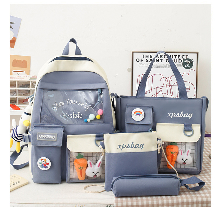 FourPiece Primary School Student Schoolbag New Ins Style Korean College Junior and Middle School Students Large Capacity Canvas Backpackpicture23
