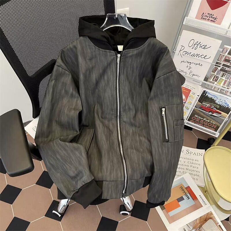 Primavera y otoño ropa de béisbol retro americana suelta corta pareja sombrero chaqueta de textura de cuero pu falso abrigo de dos piezas