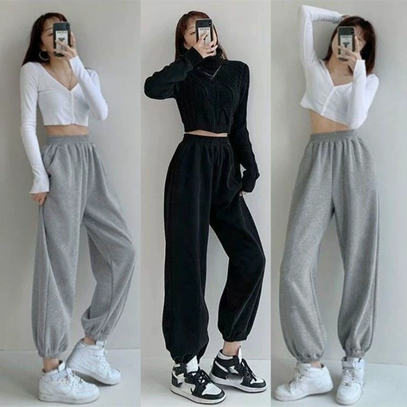 Тонкие спортивные штаны из 100% хлопка для студенток, свободные утягивающие шаровары больших размеров, повседневные спортивные штаны для улицы на лето.