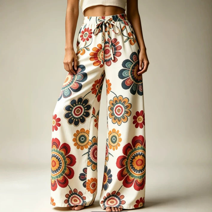Cross-Border European and American Amazon Temu Summer Casual Printed Slimming Drawstring Wide-Leg Pants Women's Long Pants for Slightly Plump Outfits