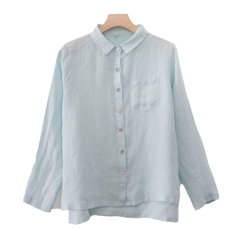 9667-1 Hemp Shirt for Women with Short Front and Long Back, Turn-Down Collar - 14 Pieces 9667-1 Hemp Shirt for Women with Short Front and Long Back, Turn-Down Collar - 14 Pieces