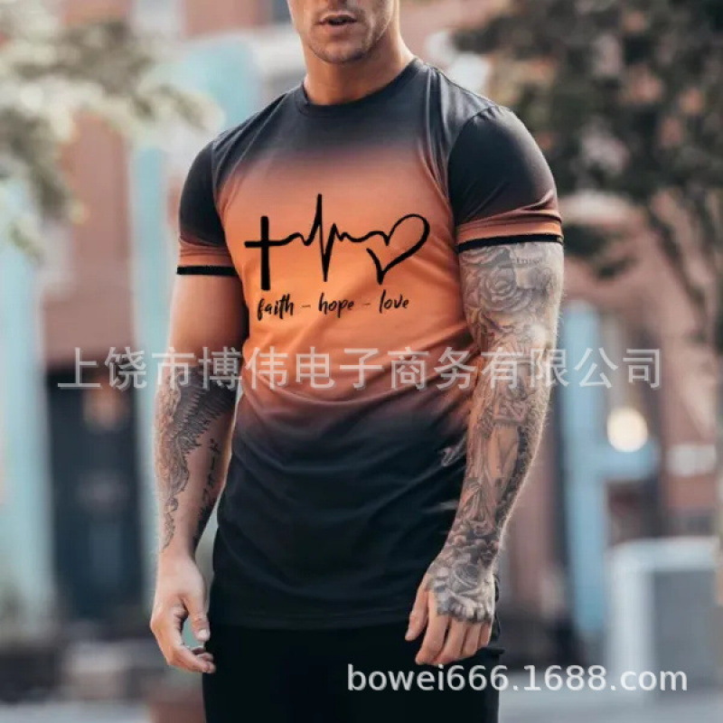ヨーロッパとアメリカの人気のメンズラウンドネックTシャツ3Dプリントクロスパターン通気性と軽量メンズカジュアルハイストリート半袖|undefined