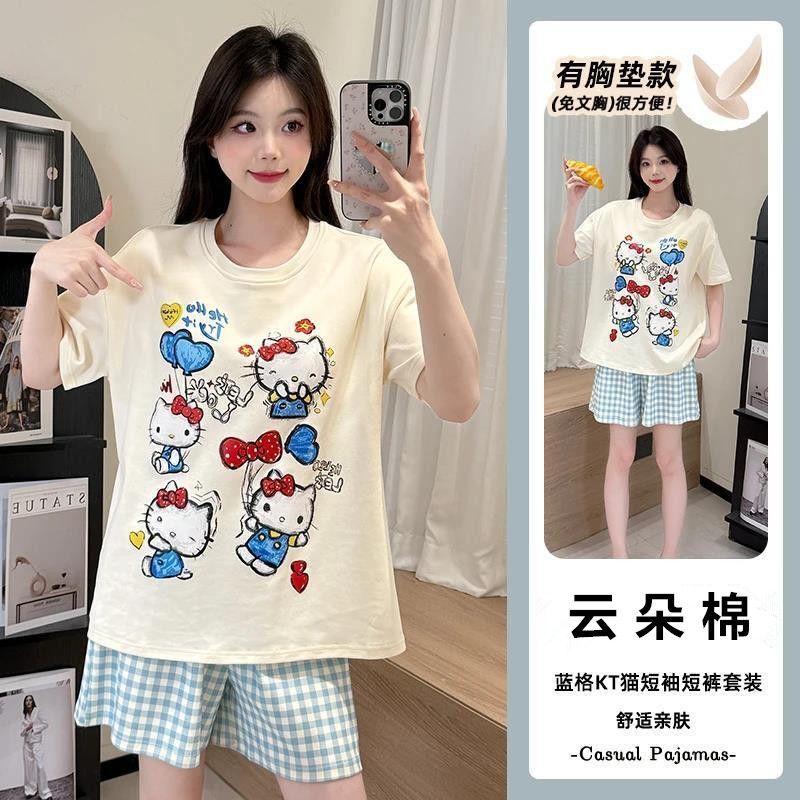 Venta al por mayor transfronteriza KT gato con almohadilla para el pecho pijamas mujeres verano manga corta traje de servicio a domicilio coreano lindo algodón nube