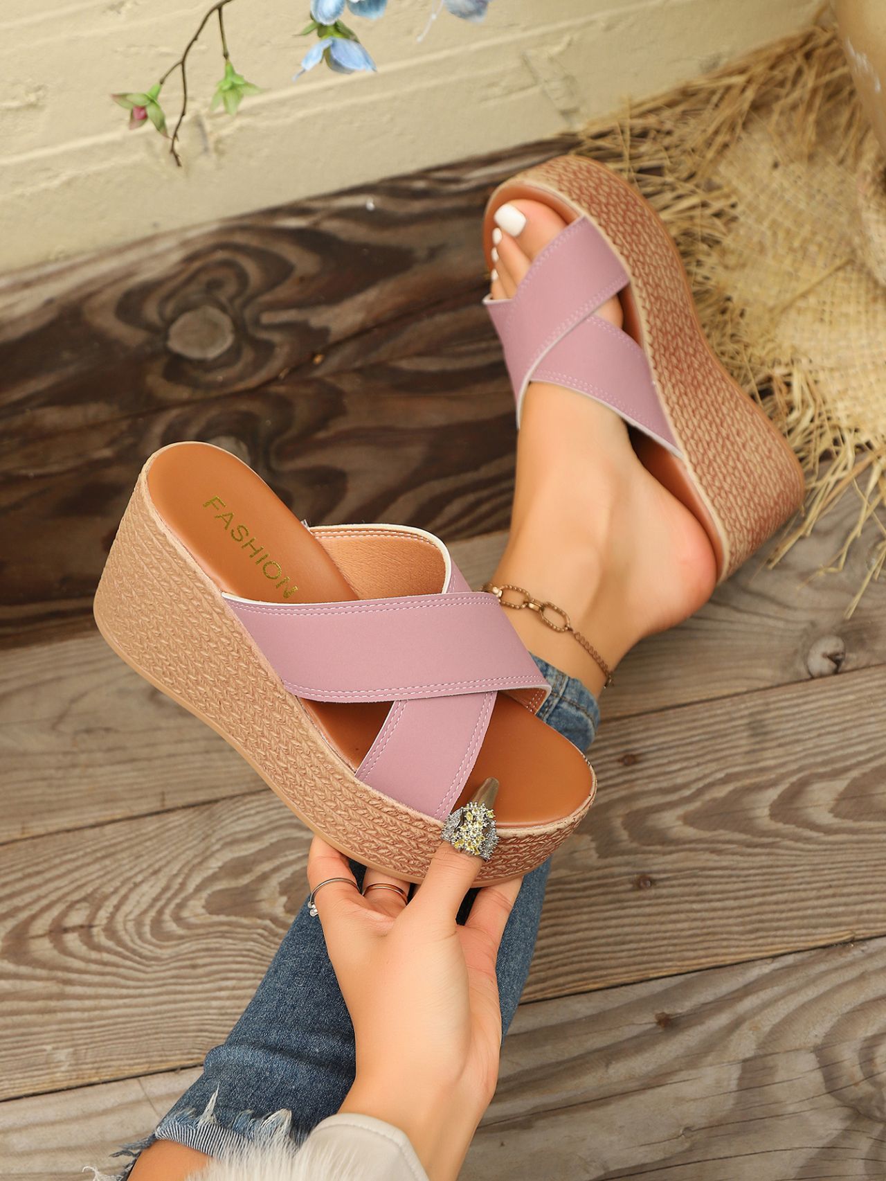 Sandali da spiaggia da donna, con suola spessa, primaverili ed estive, con tacco a zeppa, tinta unita, di grandi dimensioni_voghion.com