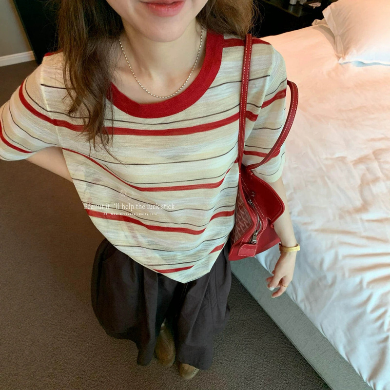 Peanut Summer Fashionable Retro Style Striped Color-Blocking Casual Round Neck Short-Sleeve Knit Top for Women 11350 Peanut Summer Fashionable Retro Style Striped Color-Blocking Casual Round Neck Short-Sleeve Knit Top for Women 11350