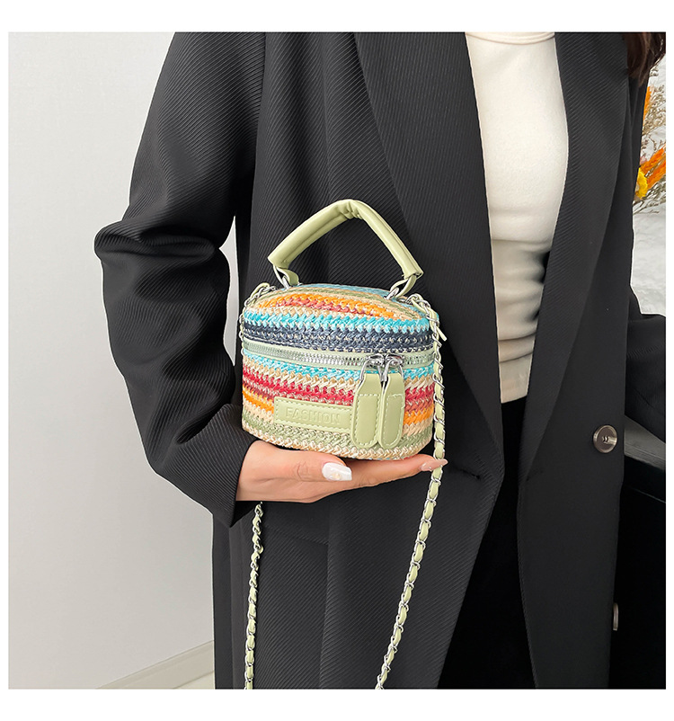 165g Weight Polyester Lining Material Weave Fashion Element Zipper Closure Type Top Handle, Chain Strap Type Crossbody Bag Bags Type Casual, Daily, Shopping Occasion Straw Material Multicolor Pattern Spring&Summer Season Women's Gender Vintage Style Style Cylindrical Shape Women's Straw Multicolor Vintage Style Weave Cylindrical Zipper Crossbody Bag 1
