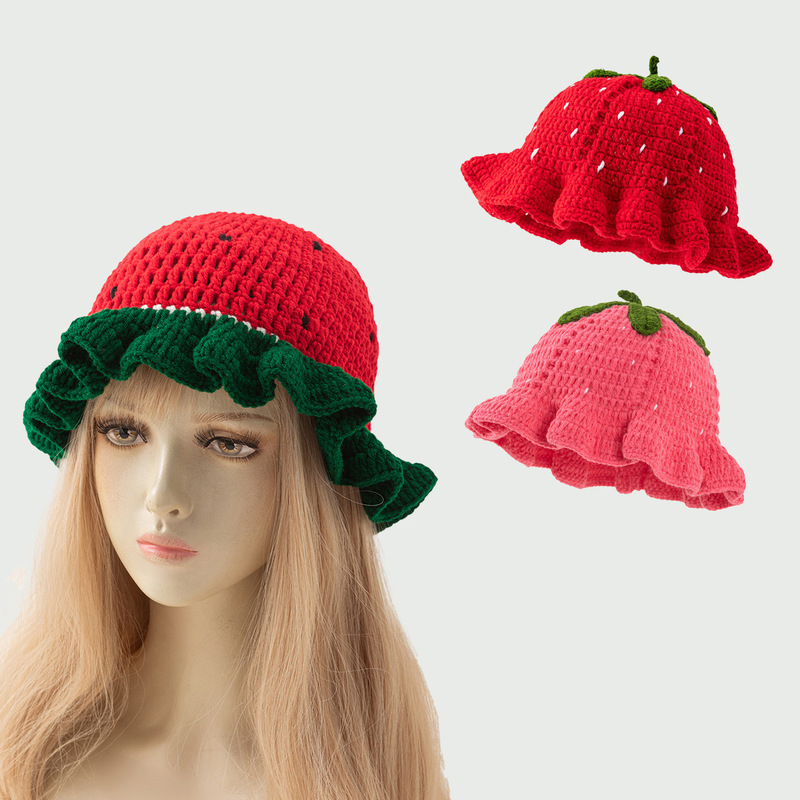 Cross-Border New Cartoon Cute Style Handmade Strawberry Watermelon Knitted Wool Fisherman Hat Autumn and Winter Women's Warm Hat Trendy