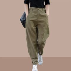 女裤春秋薄款棉质新款老爹裤休闲女高腰松紧休闲哈伦裤女工装裤潮