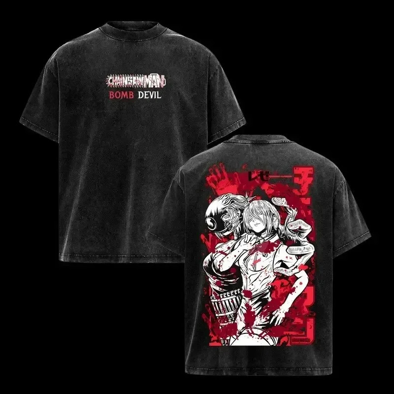 Cross-Border European Size Pure Cotton Chainsaw Man Theatrical Version Lesse Peripheral Washed Retro Loose Printed Street Short Sleeves Cross-Border European Size Pure Cotton Chainsaw Man Theatrical Version Lesse Peripheral Washed Retro Loose Printed Street Short Sleeves
