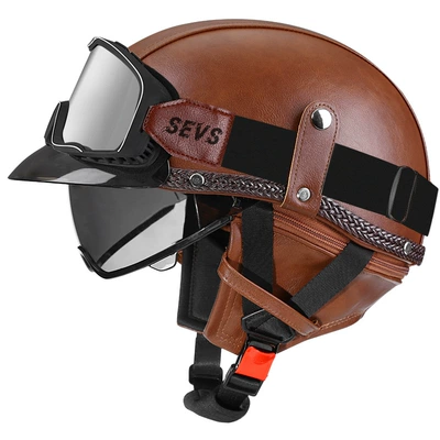 car helmet Japanese scoop helmet, Motosiklet kaskı (dəbilqə) - brown-leather-tea-mirrorlarge-frame-silver-mirror-m