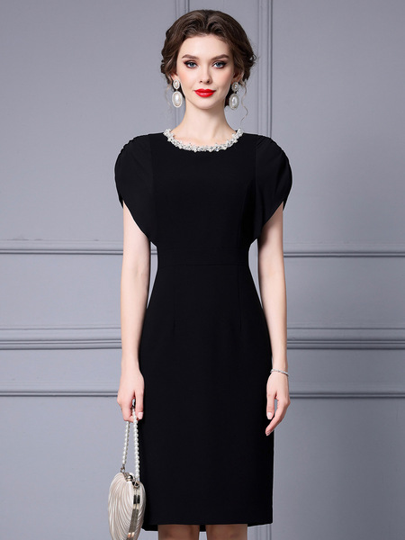 Zhili High end Noble Women Popular Quality Wrapped Hip Skirt Collar Handmade Beaded Black Show Body Dress 2024 Summer Ed