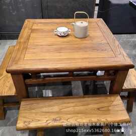 实木八仙桌风化餐桌长条凳四方中式老榆木茶桌全实木民宿餐桌