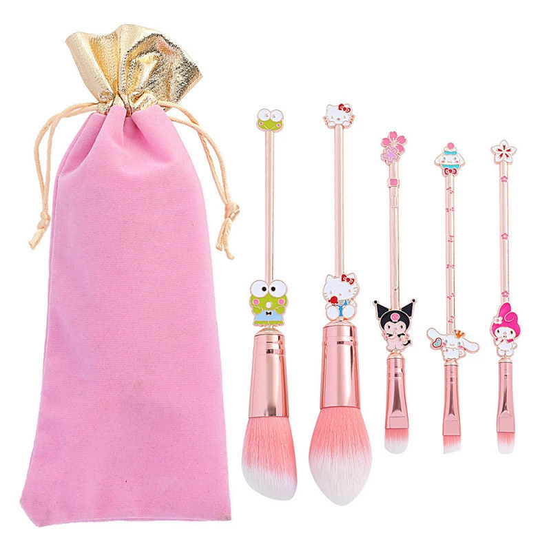 Набор кистей для макияжа (Sanrio) 5 шт., ручки Hello Kitty и Kuromi, розовый мешочек
