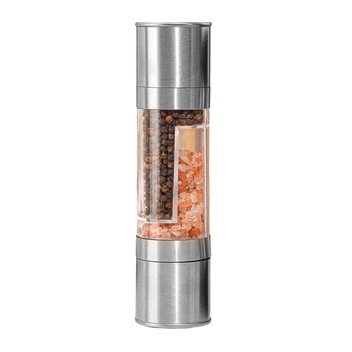 Molinillo de pimienta y sal marina de acero inoxidable de doble uso transfronterizo con compartimentos dobles y operación manual de doble cabezal.