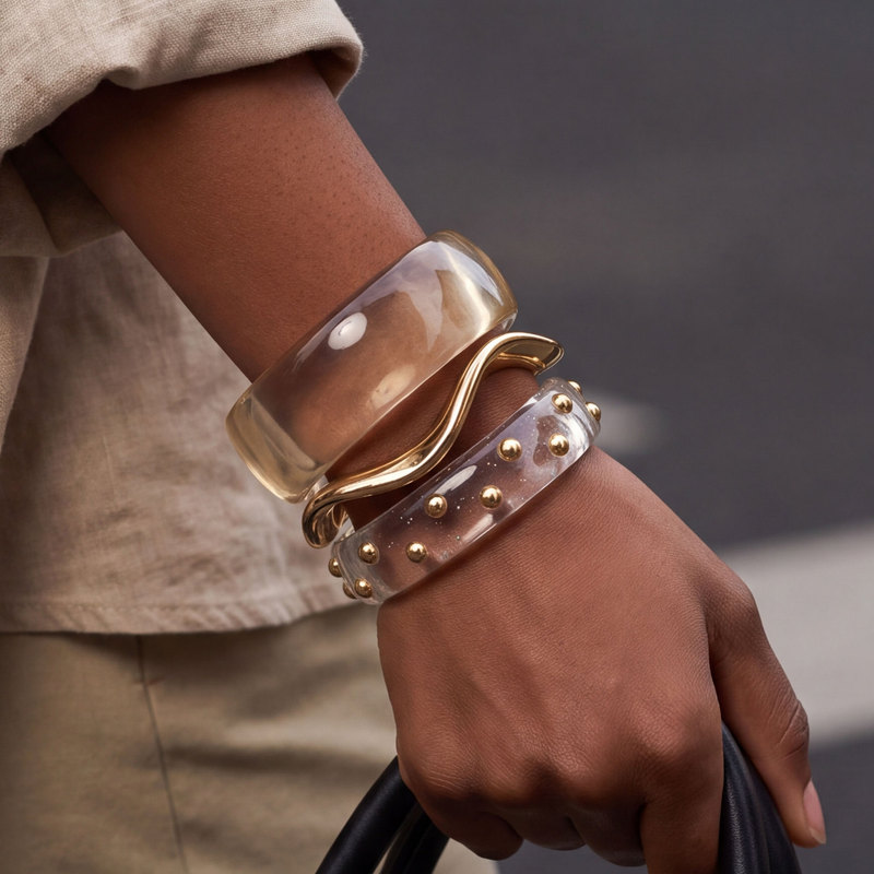 Cross-border transparent resin rivet bracelet set for women, featuring uniquely shaped golden wave metal bracelets, perfect for mixing and matching and layering Cross-border transparent resin rivet bracelet set for women, featuring uniquely shaped golden wave metal bracelets, perfect for mixing and matching and layering