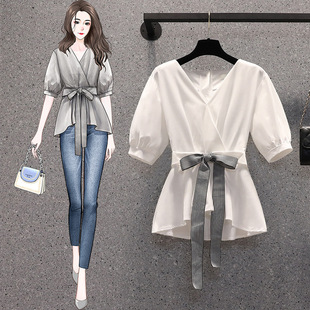 Japanese and Korean plus size Women's Fat mm2025 New Summer V-Neck Loose Waist Top Western Style Street Fried Short Sleeve Top