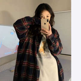 韩版格子长袖衬衫女2026年春秋季POLO领休闲宽松防晒女装跨境批发