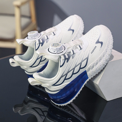 Children's shoes for autumn, white sports shoes for boys with rotating buttons, dad shoes with leather surface, running shoes