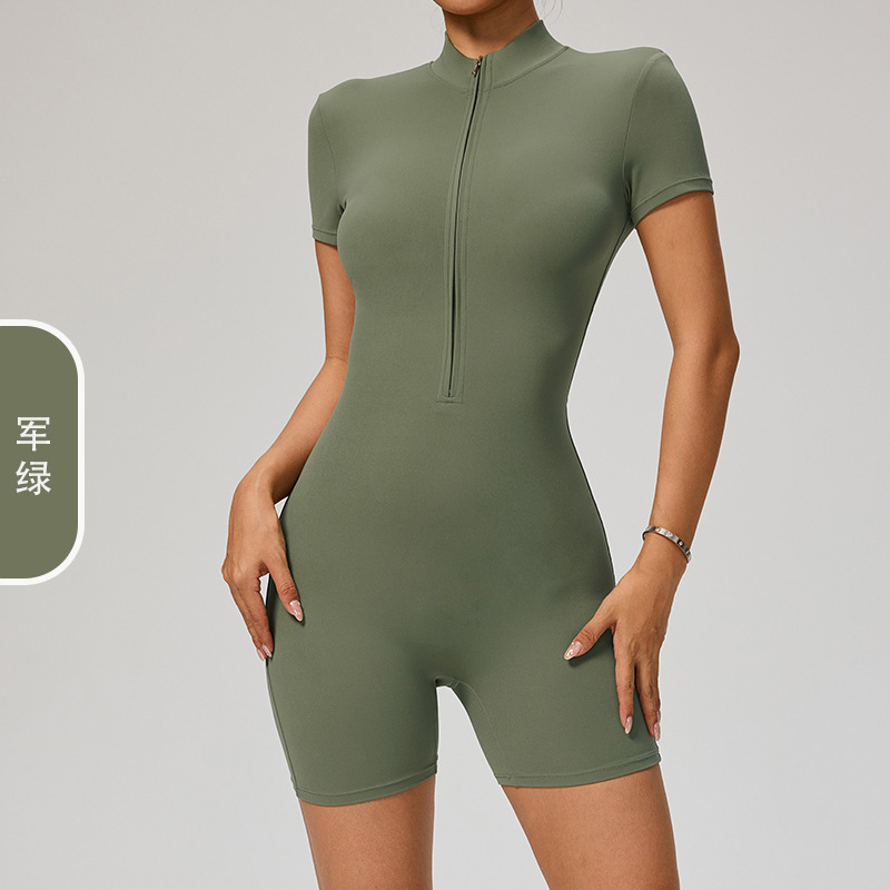 添亿欧美夏季拉链短袖瑜伽连体服女舞蹈健身紧身短裤运动连体衣|undefined
