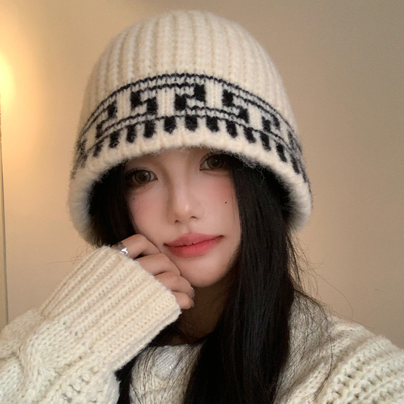 Retro Jacquard de punto sombrero pescador mujer otoño invierno 2026 amplio alrededor de la cabeza muestra la cara pequeña sombrero de lana cálida image 7