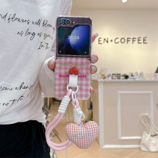 Pink Plaid English for Samsung Galaxy zflip6 Generation Folding Phone Case 3/4/5 Love Lanyard