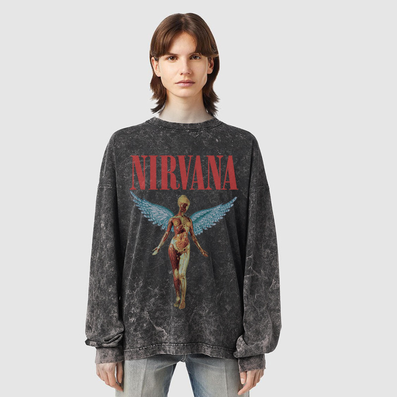 Nirvana Vintage American retro apenado rock punk angustiado lavado batik Camiseta de manga larga