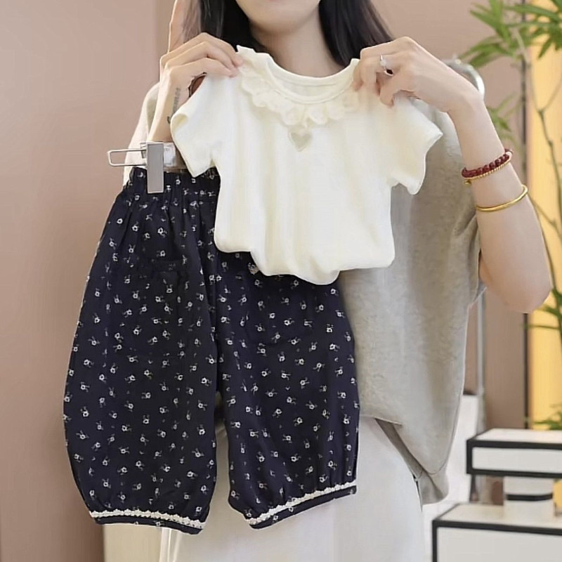 Children's Summer Short-Sleeved Pants Set 2026 New Summer Style Girls' Casual Floral Lace Jogger Sweatpants Long Pants