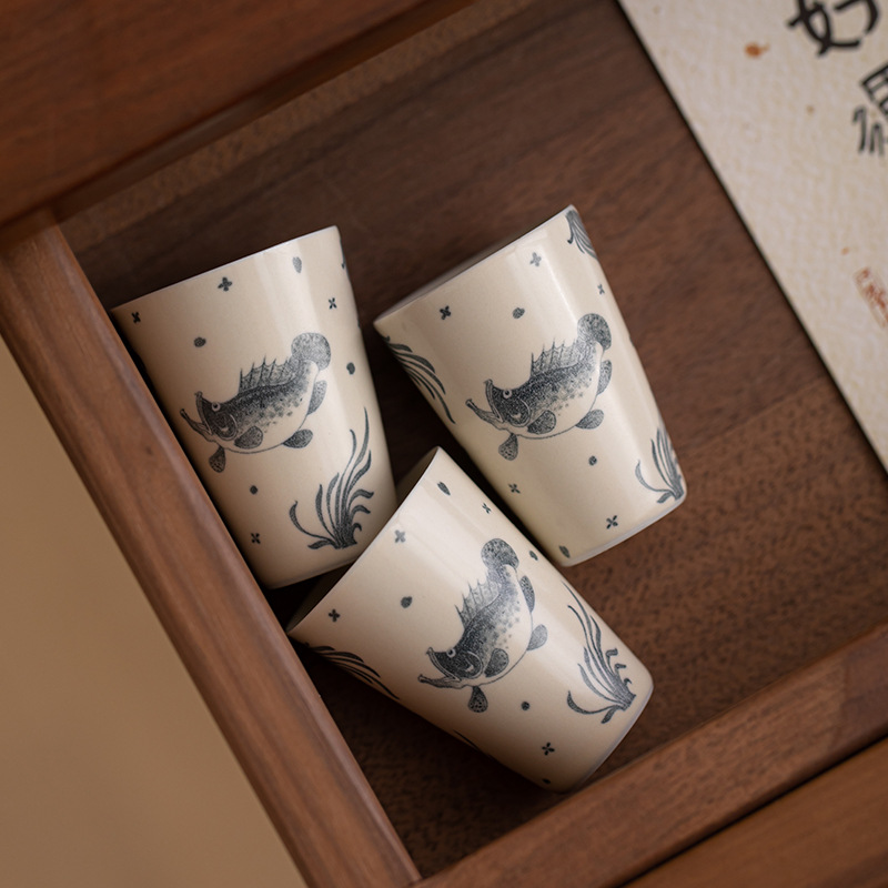 草木灰鱼藻纹陶瓷功夫茶具主人杯单杯家用品茗杯釉下彩喝茶杯
