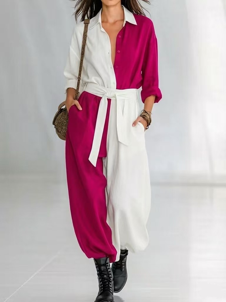 Damen Jumpsuit Mit Langarm Patchwork Und Gürtel Für Den Frühling_voghion.com