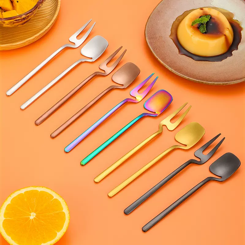 跨境专供304不锈钢ins风挂杯甜品叉勺创意酒店冰淇淋水果叉勺批发