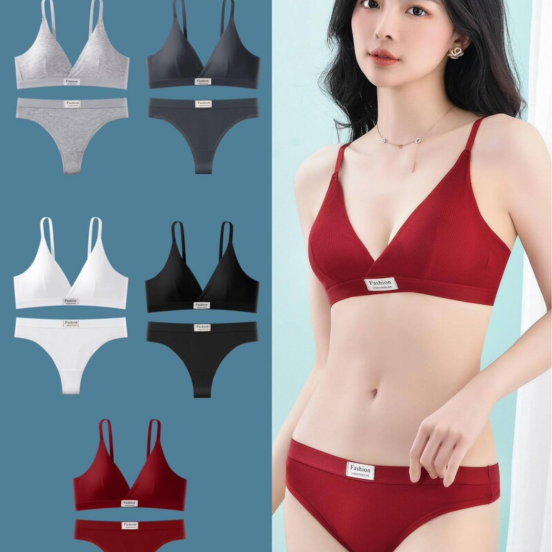 Cross-border Thread Cotton Sports Bra suit Women's Rimless Elastic French Triangle Cup Underwear Two-piece Set Cross-border Thread Cotton Sports Bra suit Women's Rimless Elastic French Triangle Cup Underwear Two-piece Set