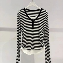 商场同款2025秋季新款通勤百搭休闲假两件条纹针织衫女4G8103491X