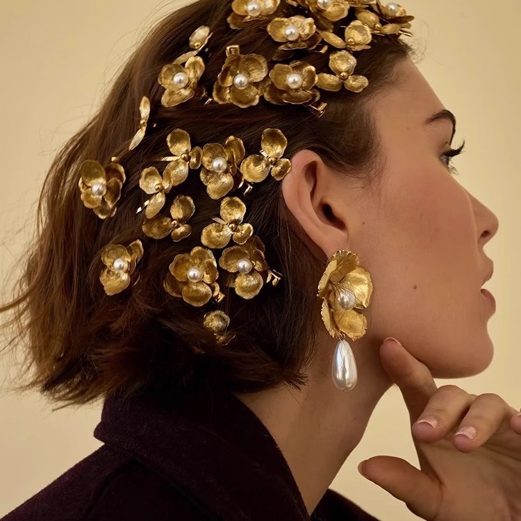 ヨーロッパとアメリカの国境を越えた新しいスタイルの金色の花のヘアピンサイド前髪クリップハイエンドヘアアクセサリー頭飾りニッチサイドクリップ|undefined