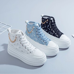 2025 New Model Chain Cross-Border White Sneakers Denim Fashion Trendy Height-Increasing Casual Shoes That Make You Look Slimmer