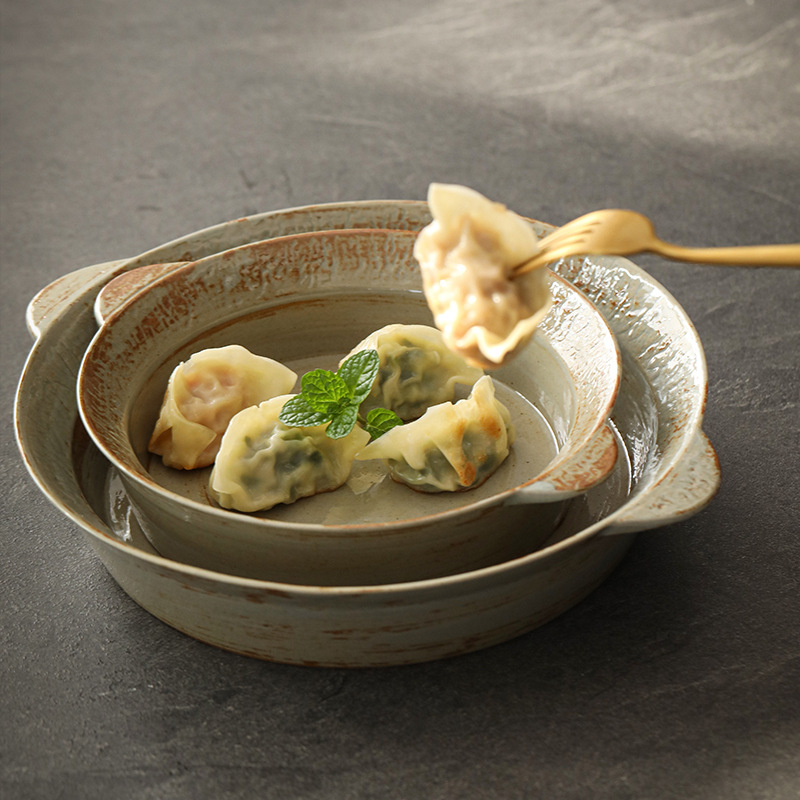 Logotipo personalizado Snacks de cerámica gruesa Plato de frutas Plato de postre Plato de oreja de gato Plato retro binaural Cerámica Kung Fu Juego de té