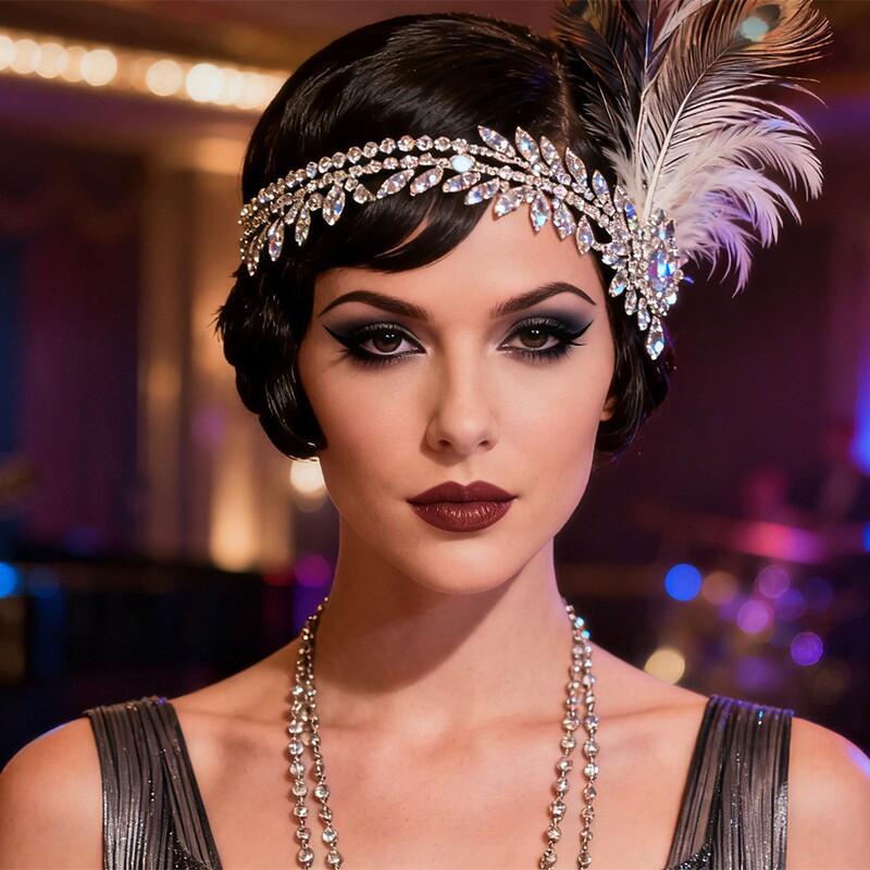 Cross-Border Trendy Gatsby Feather Headpiece for Women, Vintage Niche Light Luxury Rhinestone Hair Chain, Fashionable Evening Party Hair Accessory