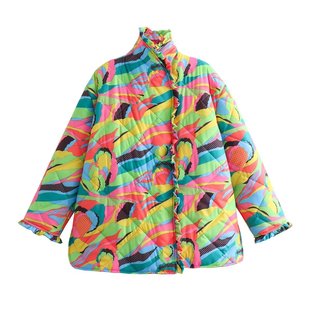 Foreign trade wholesale autumn new women's printed stand collar single row hidden buckle wooden ear long sleeve loose cotton coat