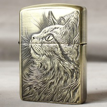 ZIPPO之宝防风煤油打火机168黄铜盔甲双面3D浮雕仰望睡猫生日礼物