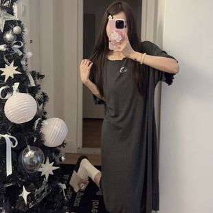 Nightgown with Breast Pad for Women Summer Short-Sleeved Long Modal Pregnant Women Cute 2025 New Home Wear Pajamas Kitten